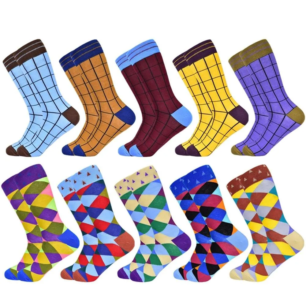 Men Colourful Cotton Geometric Lattice Classic Happy Business Casual  Socks