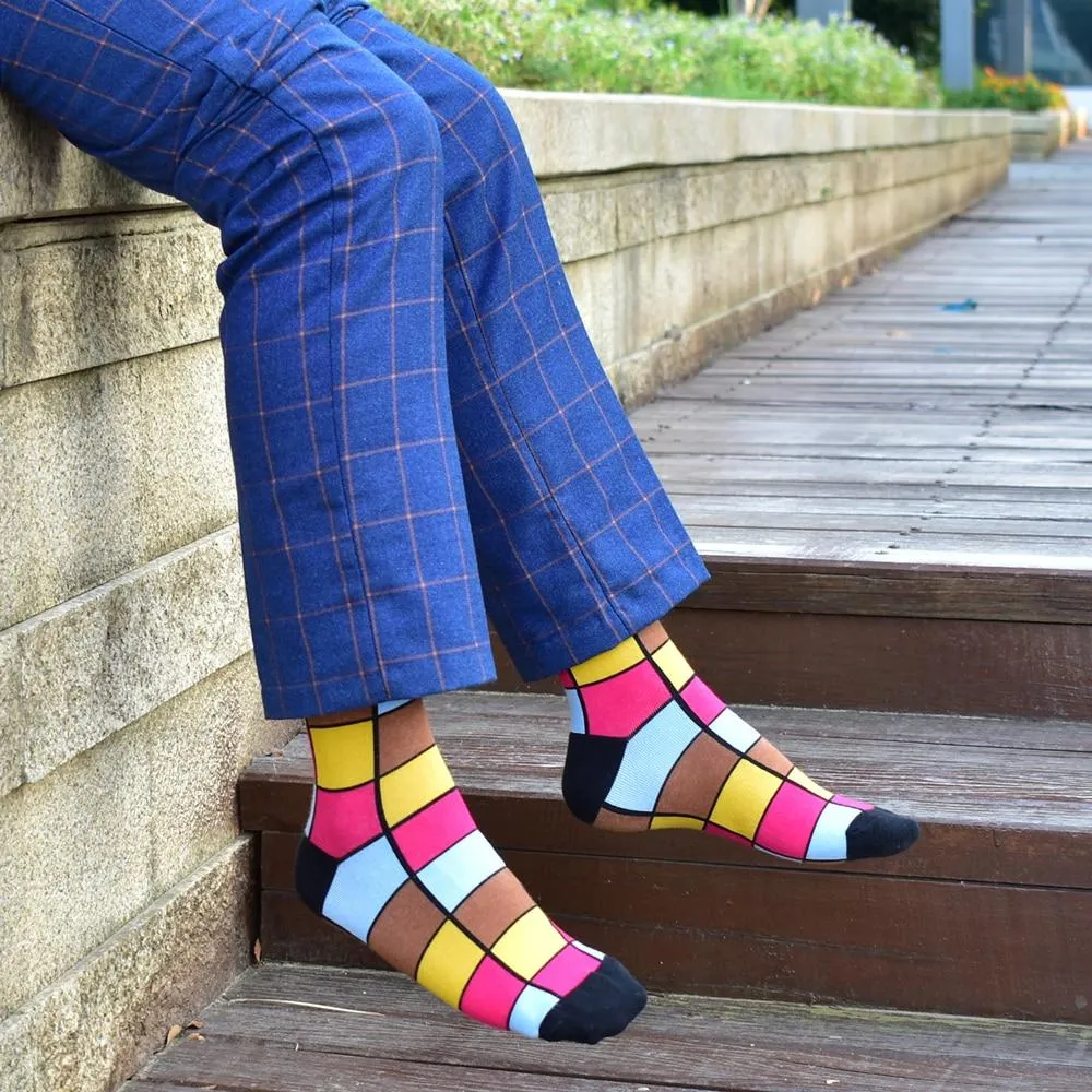 Men Colourful Cotton Geometric Lattice Classic Happy Business Casual  Socks