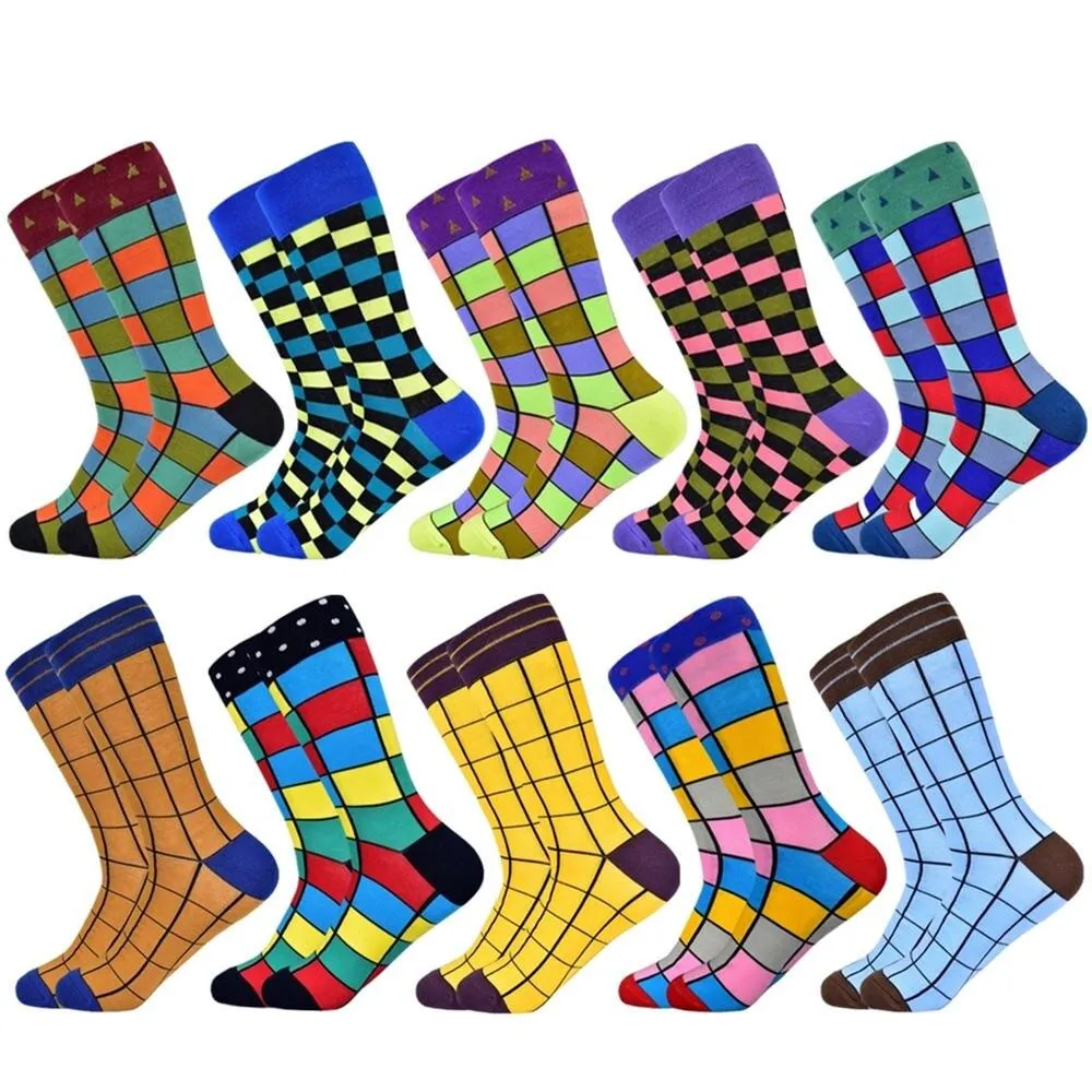 Men Colourful Cotton Geometric Lattice Classic Happy Business Casual  Socks