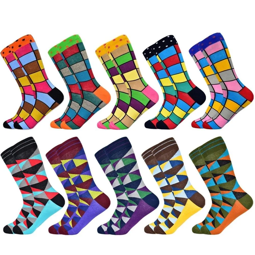 Men Colourful Cotton Geometric Lattice Classic Happy Business Casual  Socks