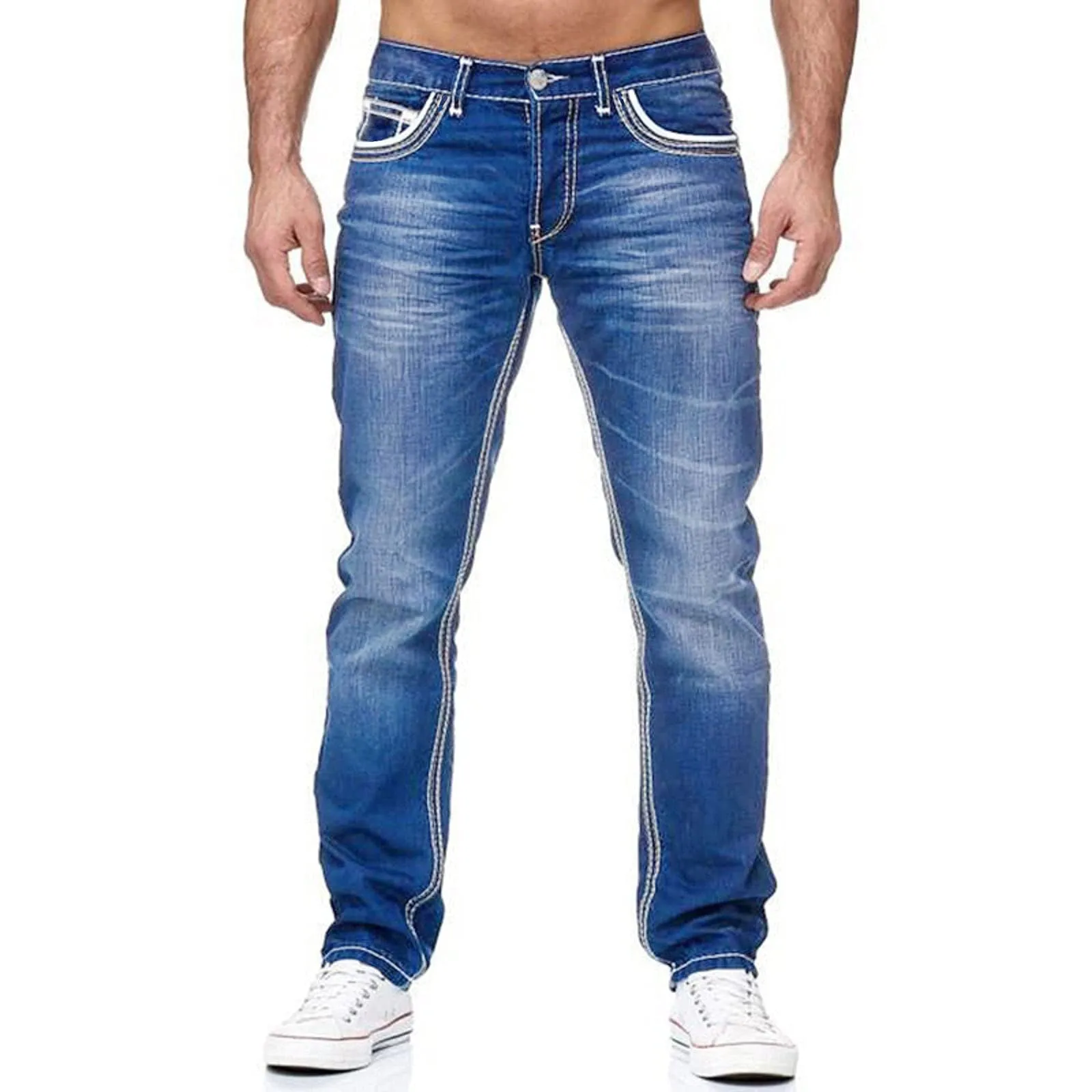 Men Jeans Solid Pockets Stretch Denim Straight Pants - MJN0054