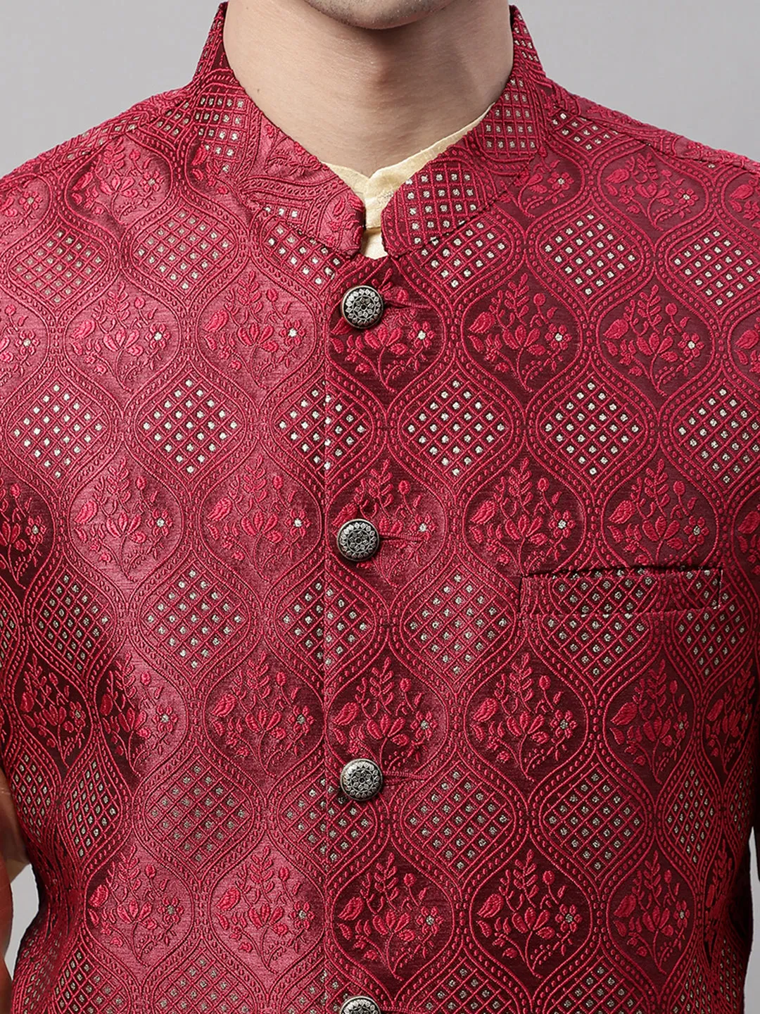 Men Maroon Woven Design Waistcoats