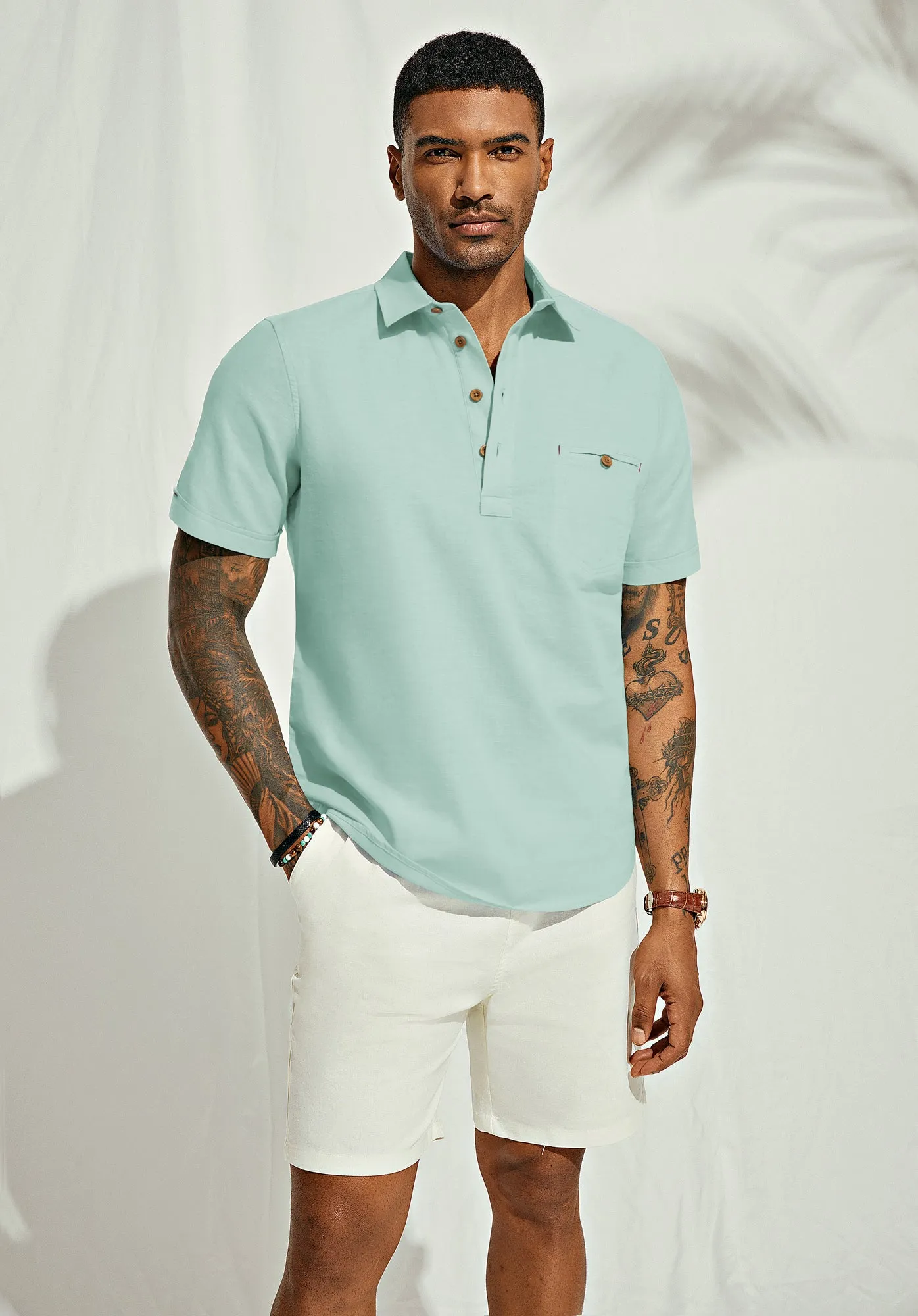 Men Pullover Shirt Casual Short Sleeve Lapel Collar Button-up Neck Tops