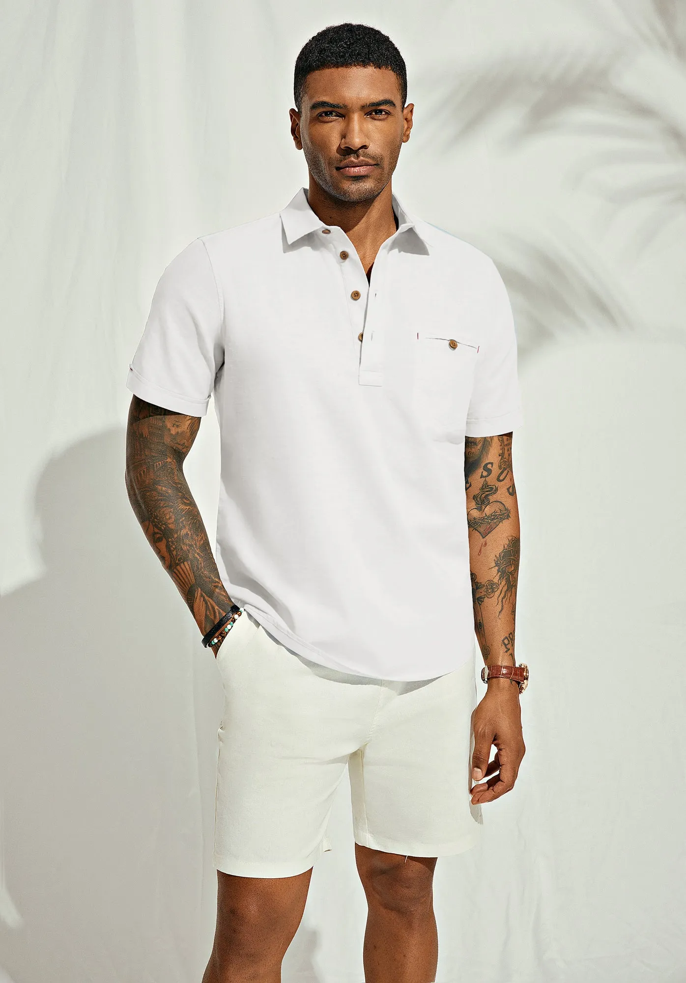 Men Pullover Shirt Casual Short Sleeve Lapel Collar Button-up Neck Tops