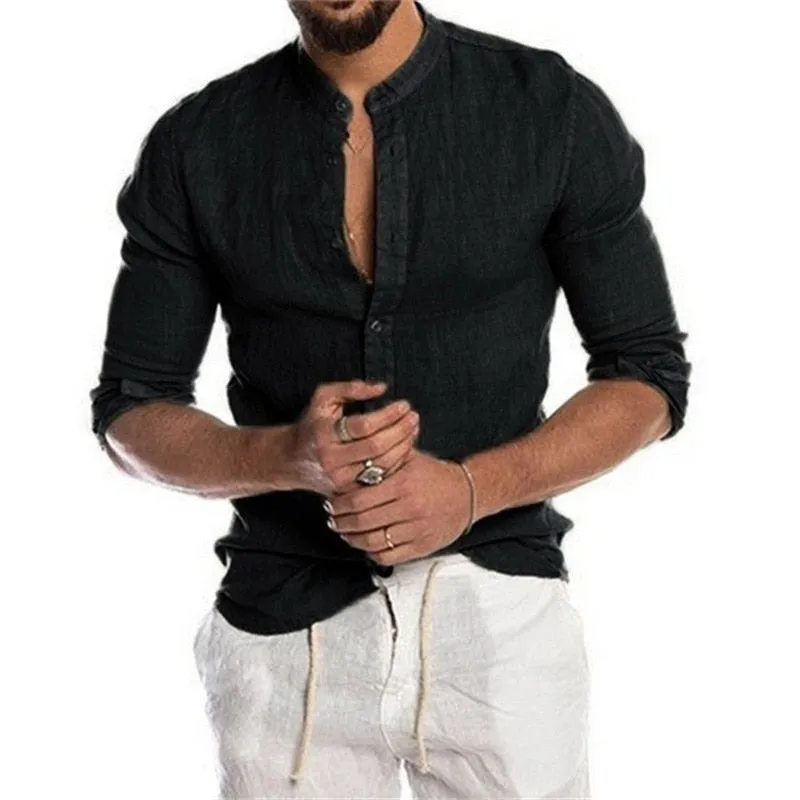 Men Solid Color Linen Long Sleeve Shirt Cardigan Shirts