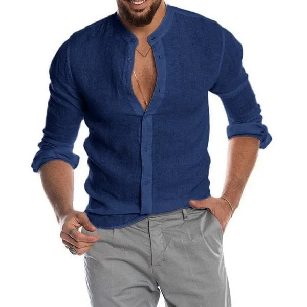 Men Solid Color Linen Long Sleeve Shirt Cardigan Shirts