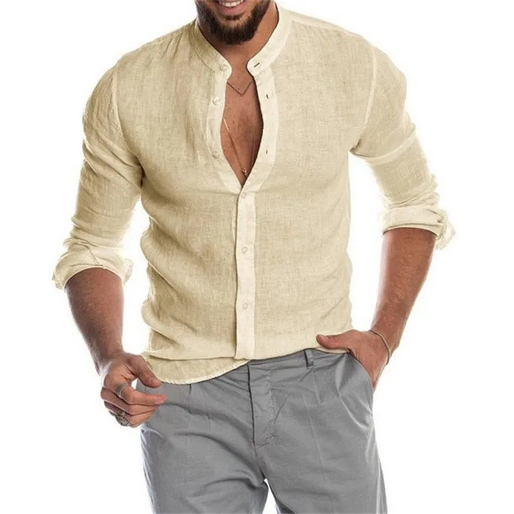 Men Solid Color Linen Long Sleeve Shirt Cardigan Shirts