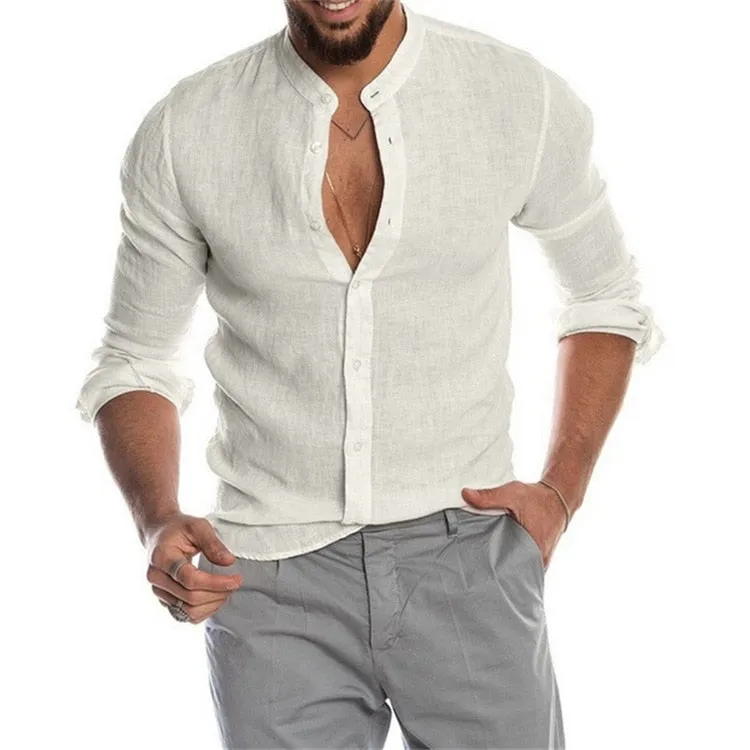 Men Solid Color Linen Long Sleeve Shirt Cardigan Shirts