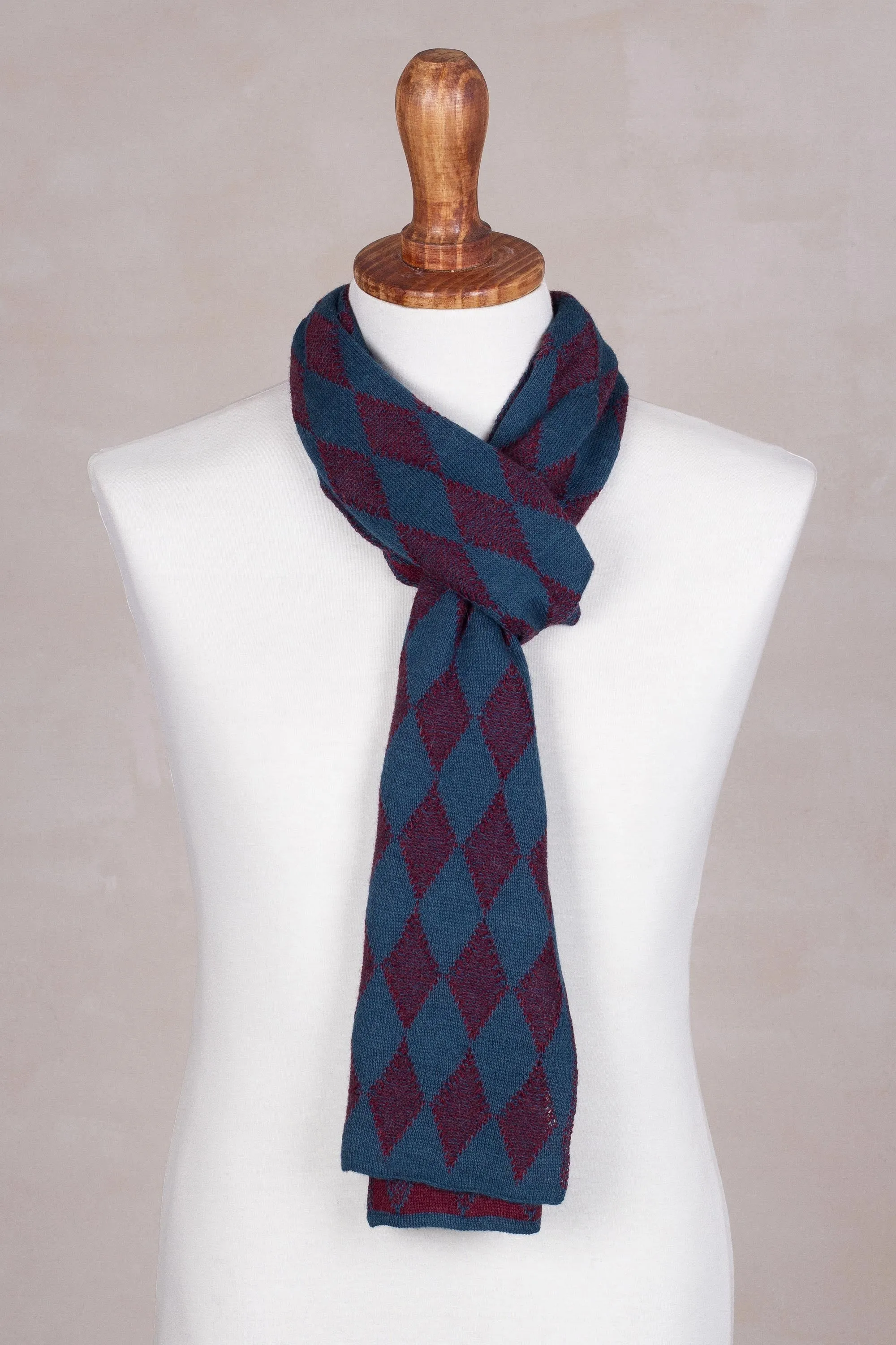 Men's Alpaca Blend Scarf in Teal and Cherry from Peru - Diamond Sophistication | NOVICA