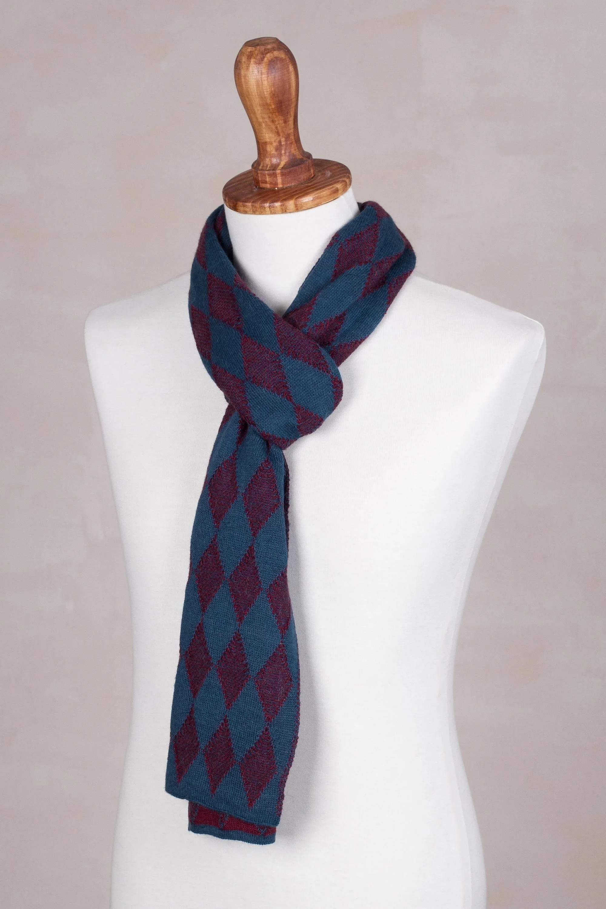 Men's Alpaca Blend Scarf in Teal and Cherry from Peru - Diamond Sophistication | NOVICA