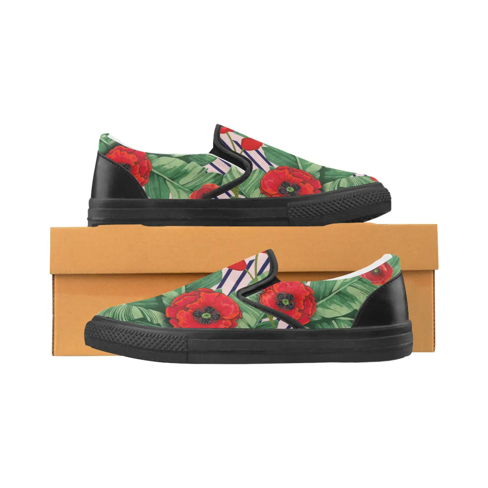 Men's Big Size Pop Red Floral Print Canvas Slip-on Shoes