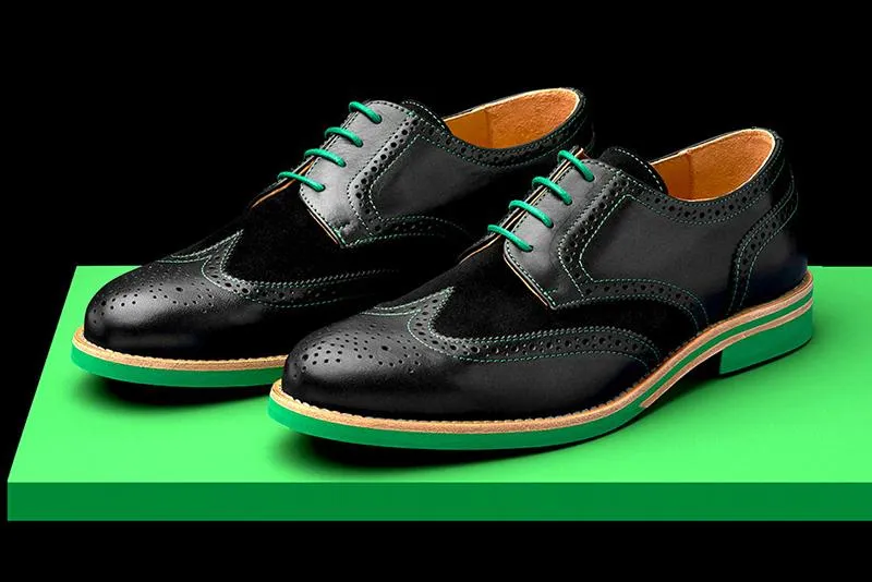 Mens Black & Green Leather Wingtip Dress Shoes- Size 12