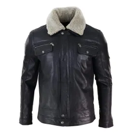 Mens Black brown Real Leather Jacket Sheepskin Collar Short Zip Button