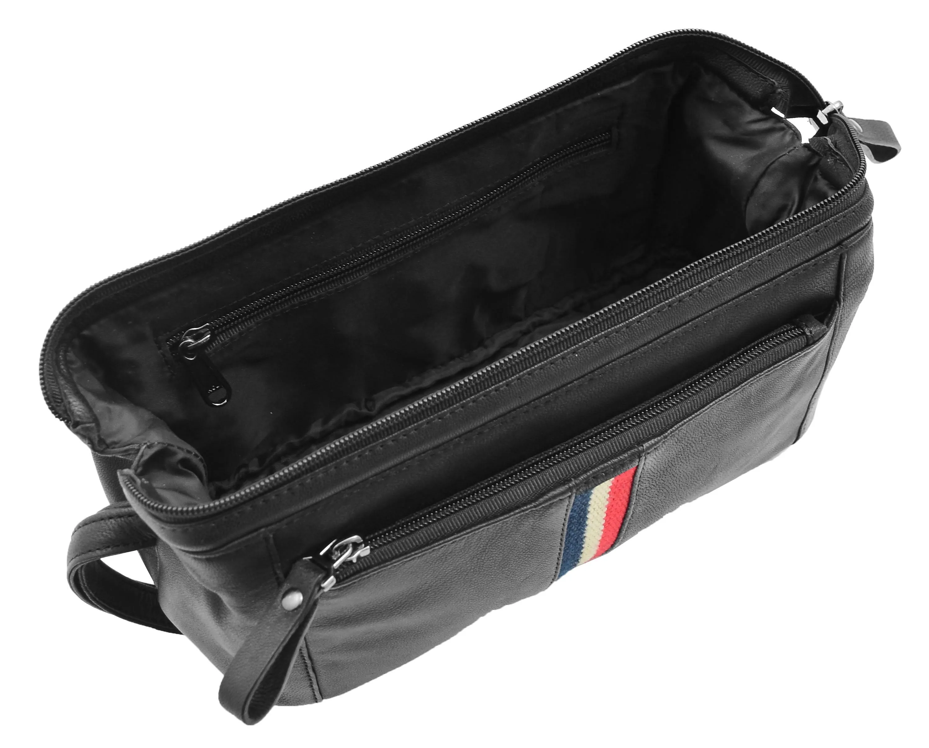 Mens Black Leather Toiletry Cosmetic Shaving Kit Travel Wash Bag Guy