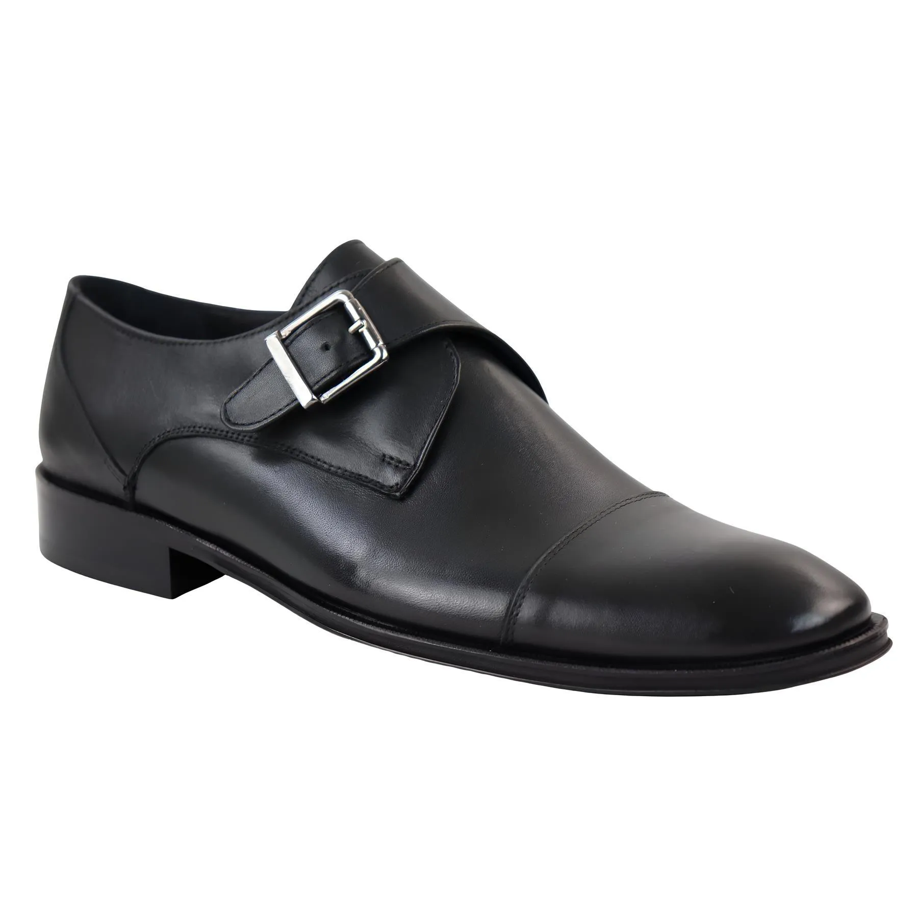 Men's Black Monk Shoes Side Buckle Genuine Leather Formal Dress Shoe