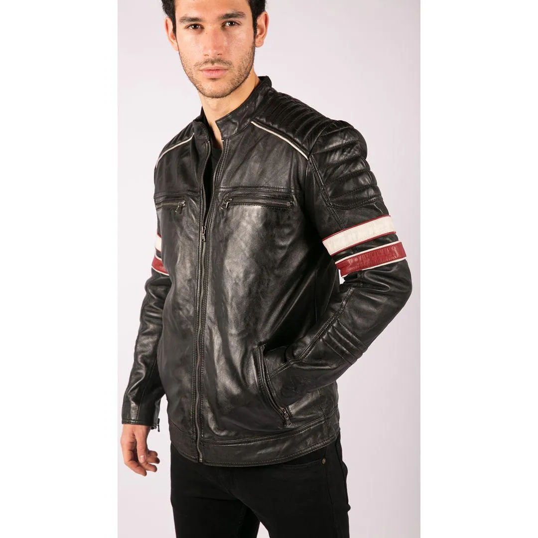 Mens Black Racing Biker Jacket Red White Stripes Real Leather Casual Fit