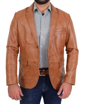 Mens Blazer Leather Jacket Fitted 2 Button Fasten Donnie Tan