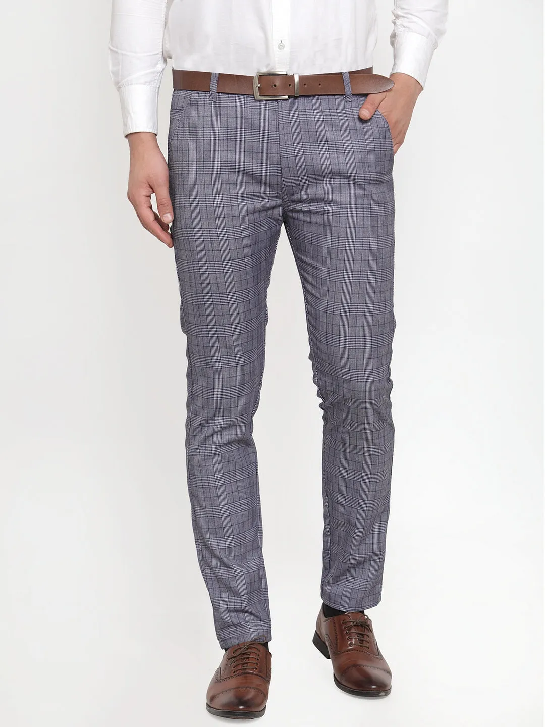 Men's Blue Checked Formal Trousers ( GP 254Blue ) - Jainish