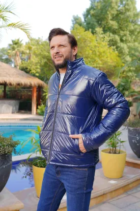 Men'S Blue Shiny Puffer Jacket - Warm And Stylish