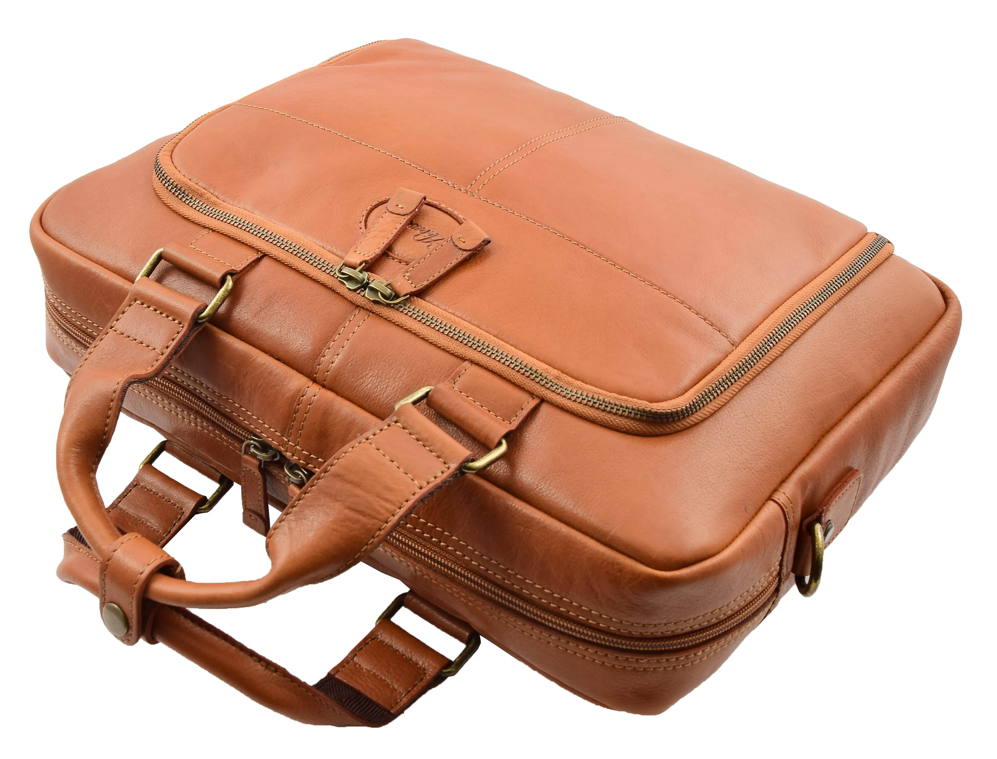 Mens Briefcase Genuine Soft Tan Leather Laptop Business Organiser Bag Pompeii