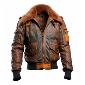 Men's Brown Flight Faux Shearling Lapel Bomber Leather Jacket