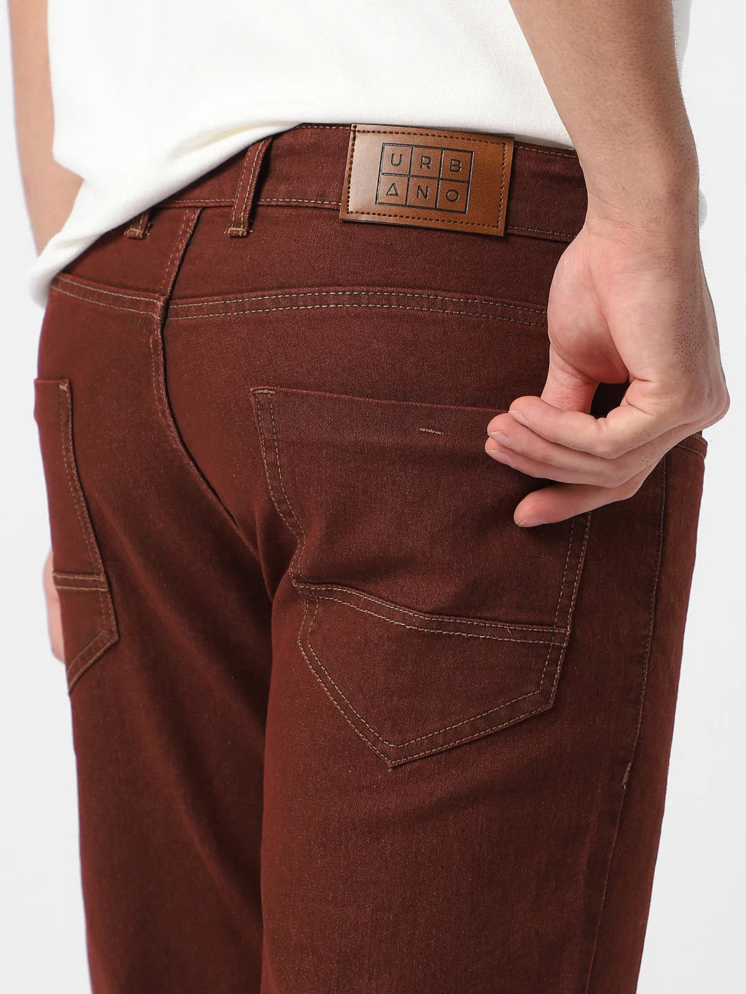 Men's Brown Regular Fit Washed Jeans Stretchable