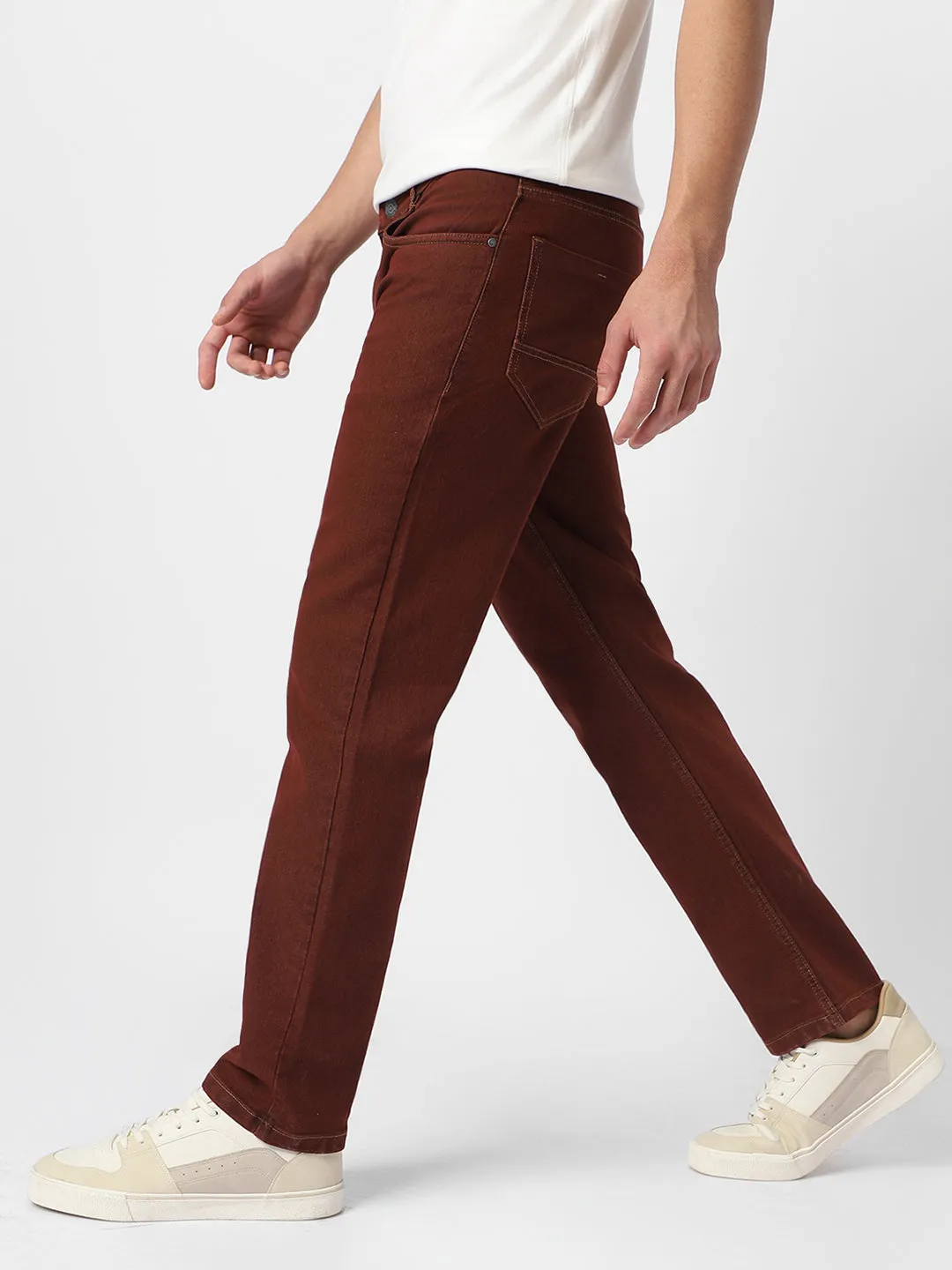 Men's Brown Regular Fit Washed Jeans Stretchable