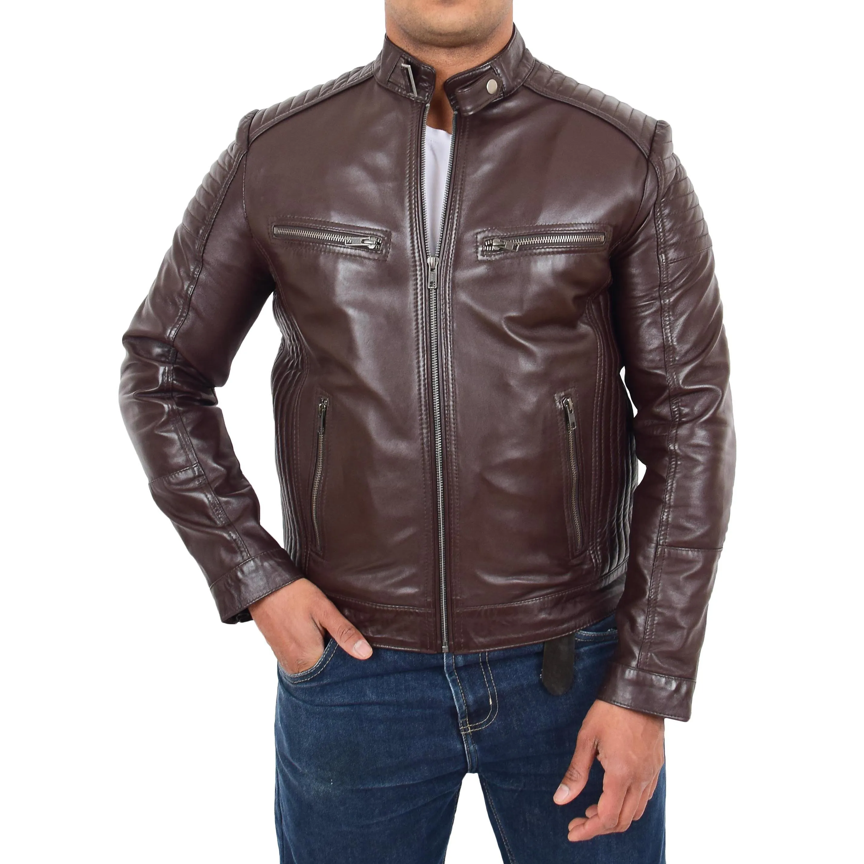 Mens Café Racer Biker Leather Jacket Teddy Brown