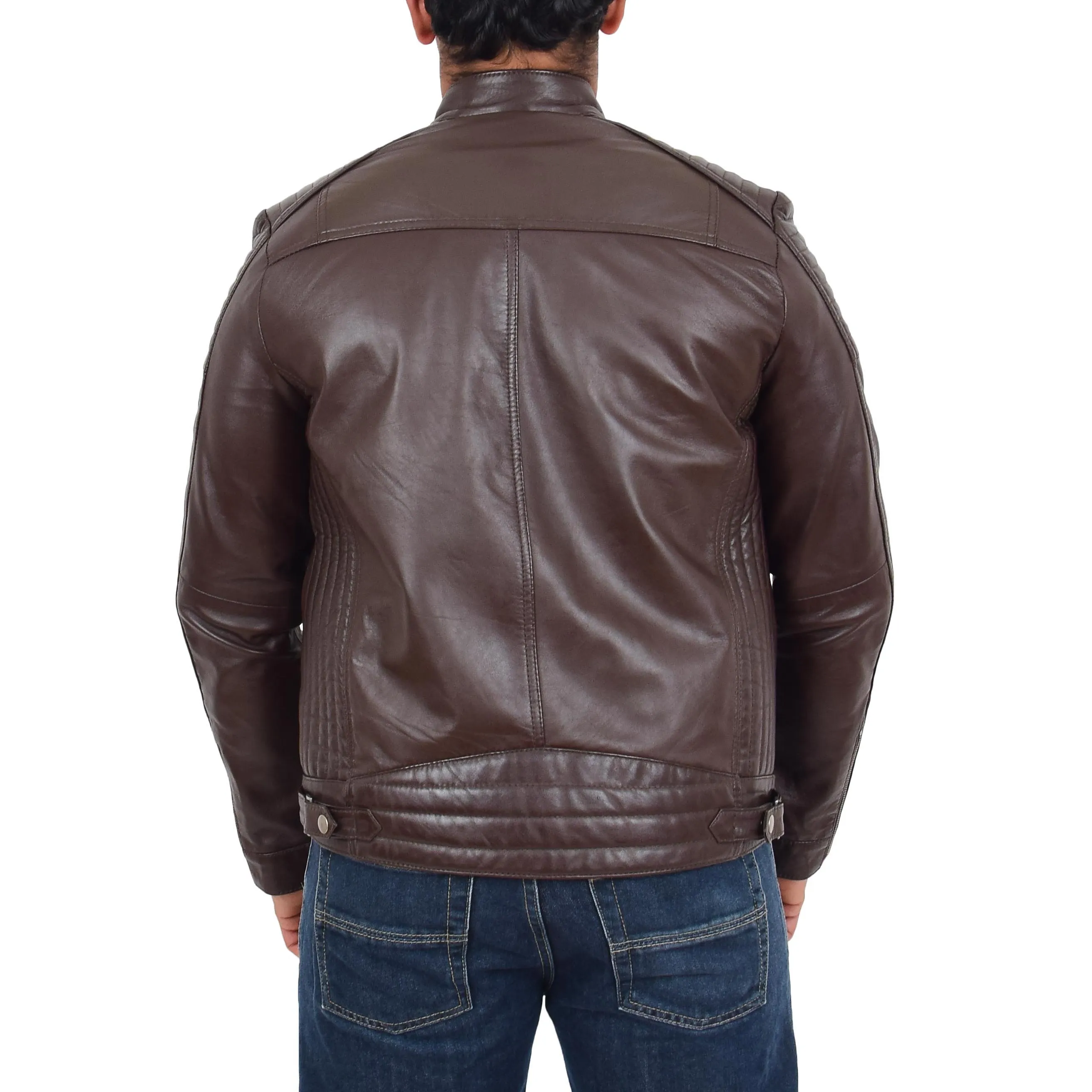 Mens Café Racer Biker Leather Jacket Teddy Brown