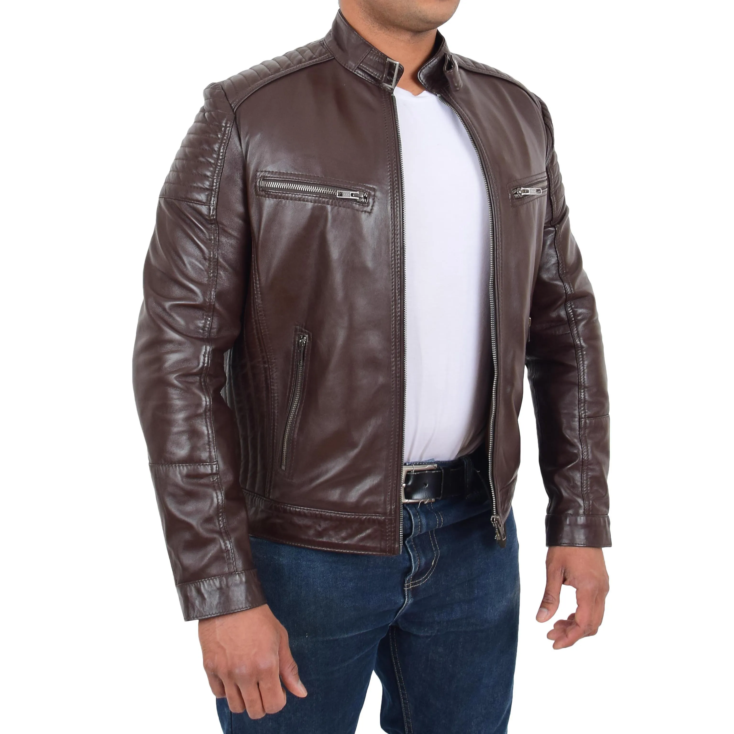 Mens Café Racer Biker Leather Jacket Teddy Brown