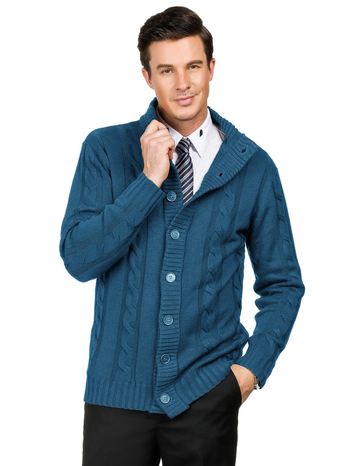 Men's Cardigan with Button Closure, Cable Knit Cardigan with Ribbed Stand-Up Collar for Autumn Winter