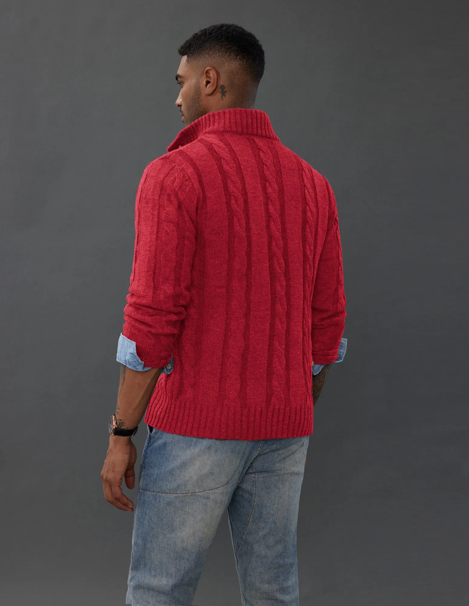 Men's Cardigan with Button Closure, Cable Knit Cardigan with Ribbed Stand-Up Collar for Autumn Winter