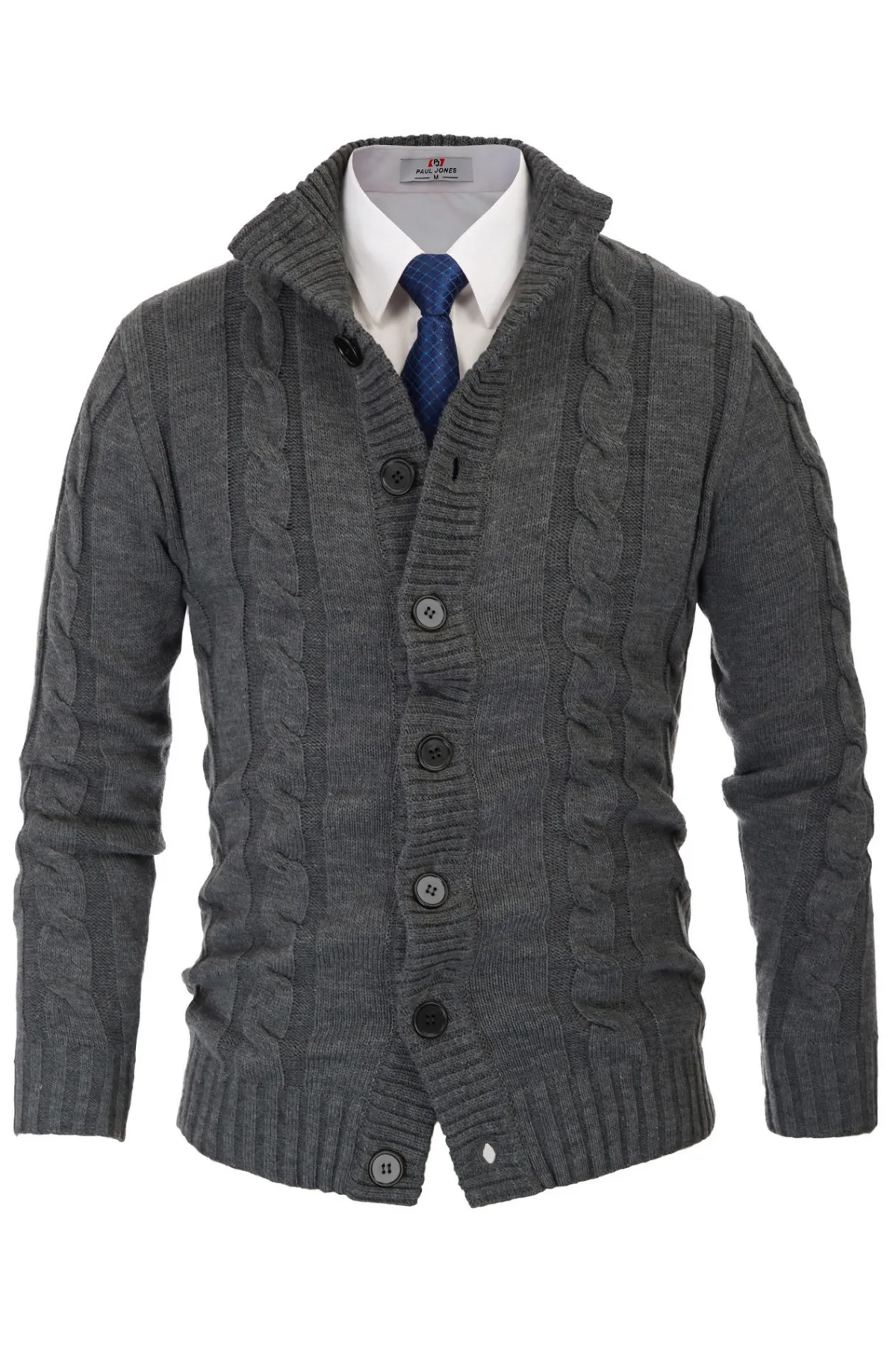 Men's Cardigan with Button Closure, Cable Knit Cardigan with Ribbed Stand-Up Collar for Autumn Winter