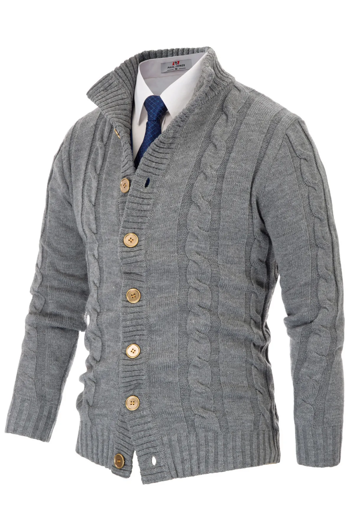 Men's Cardigan with Button Closure, Cable Knit Cardigan with Ribbed Stand-Up Collar for Autumn Winter