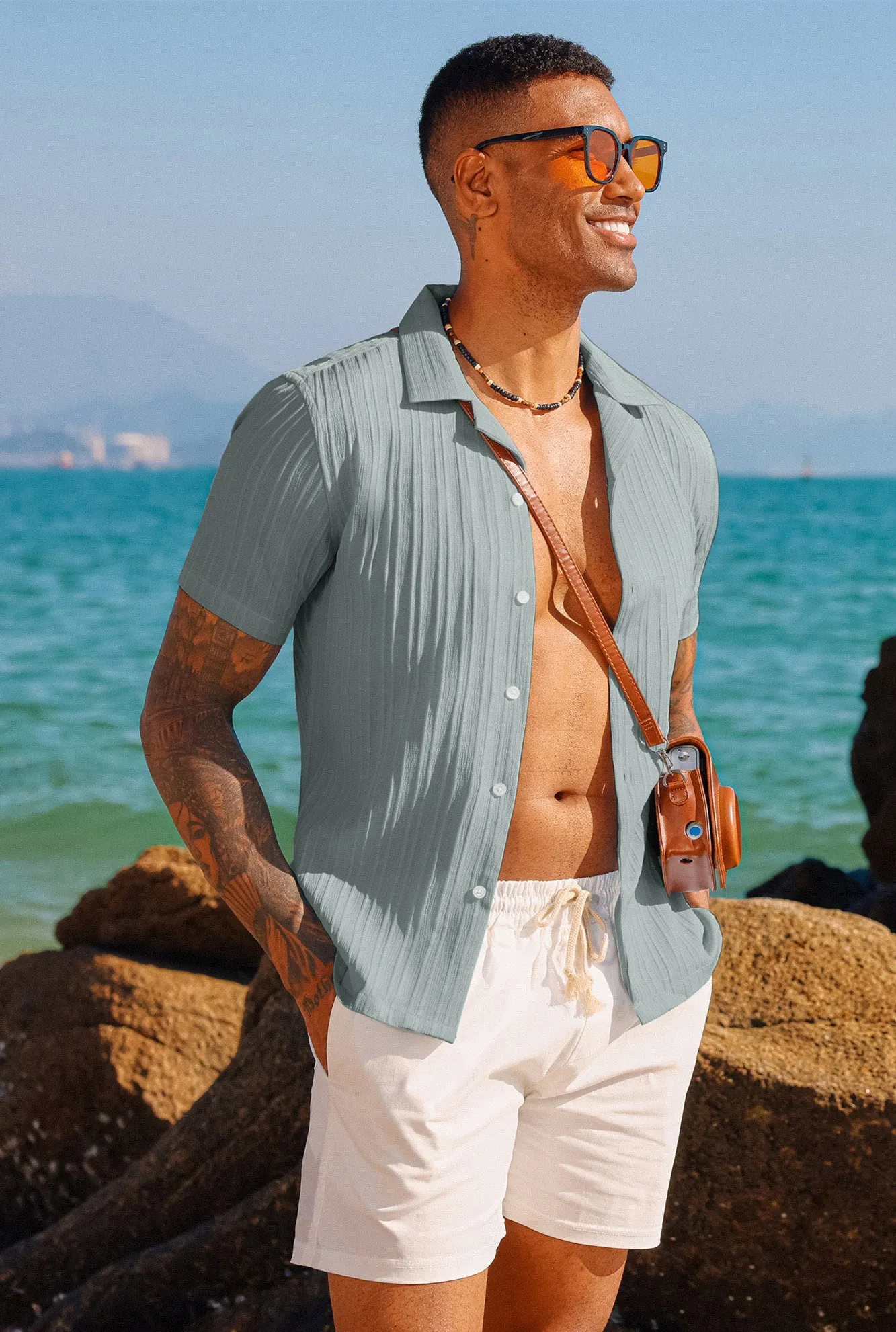 Men's Casual Button Down Shirts Short Sleeve Summer Shirts Wrinkle-Free Shirts Textured Beach Shirts