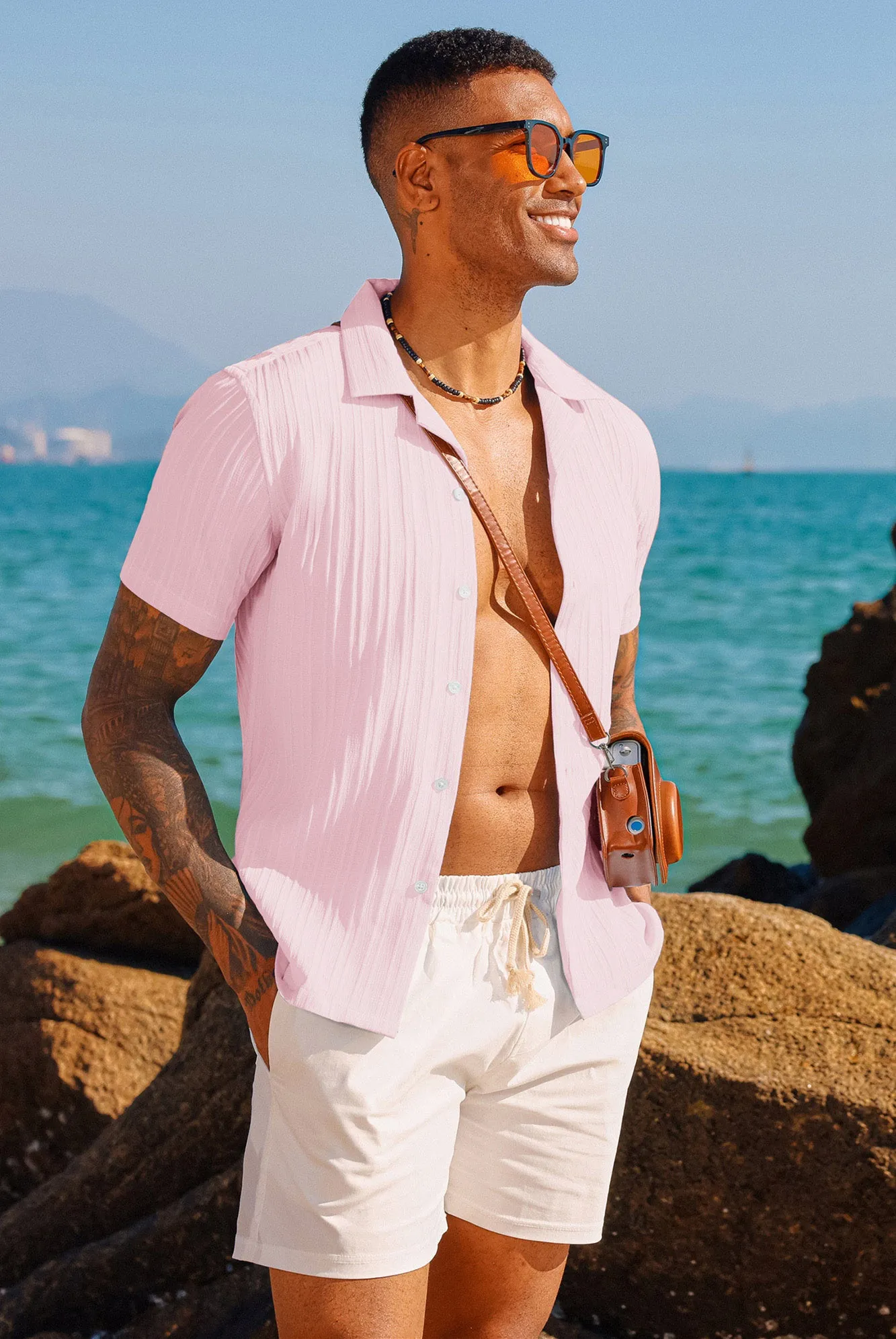 Men's Casual Button Down Shirts Short Sleeve Summer Shirts Wrinkle-Free Shirts Textured Beach Shirts