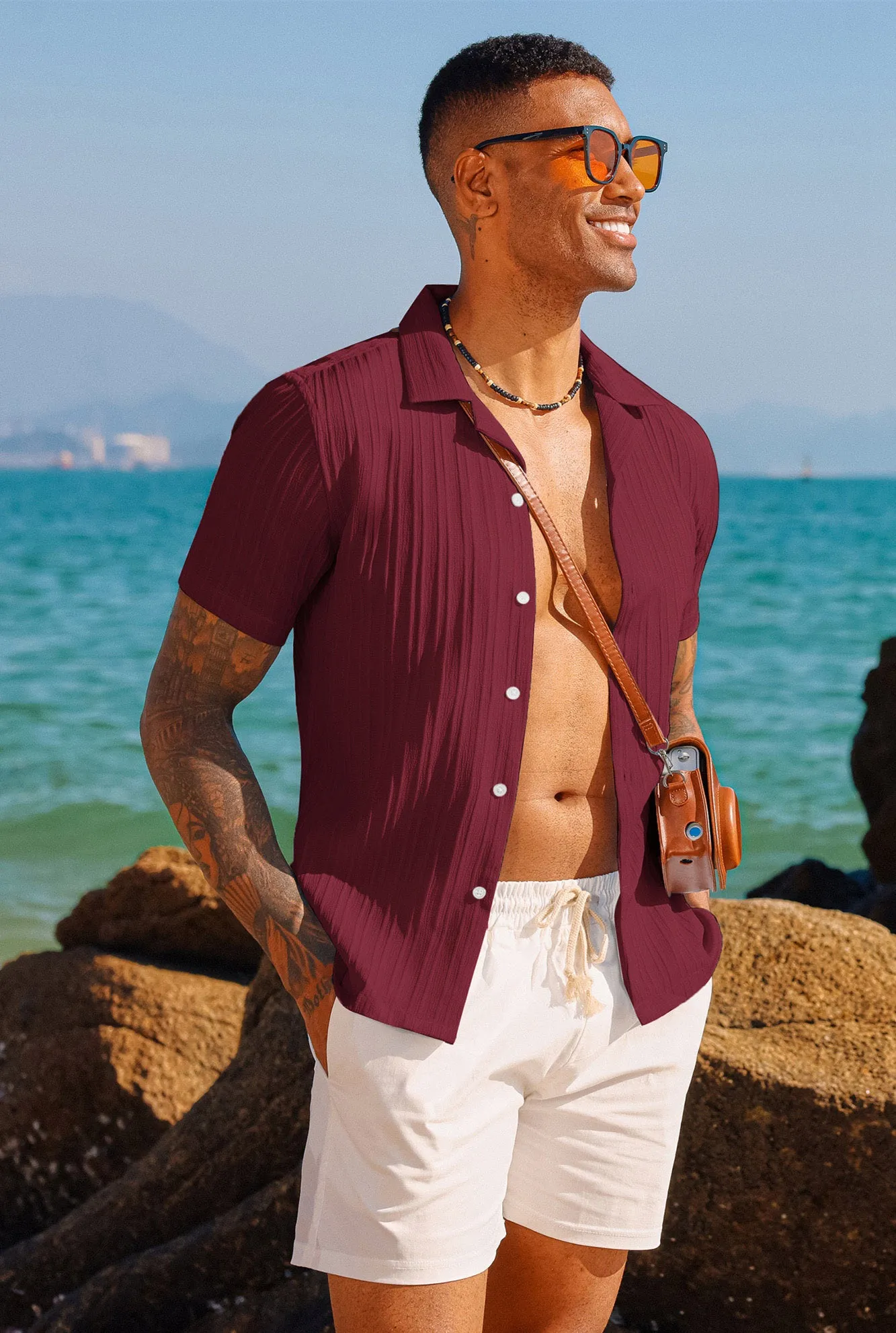 Men's Casual Button Down Shirts Short Sleeve Summer Shirts Wrinkle-Free Shirts Textured Beach Shirts