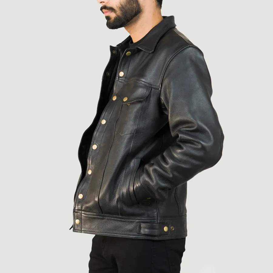 Men's Chest Pockets Leather Jacket with Collar