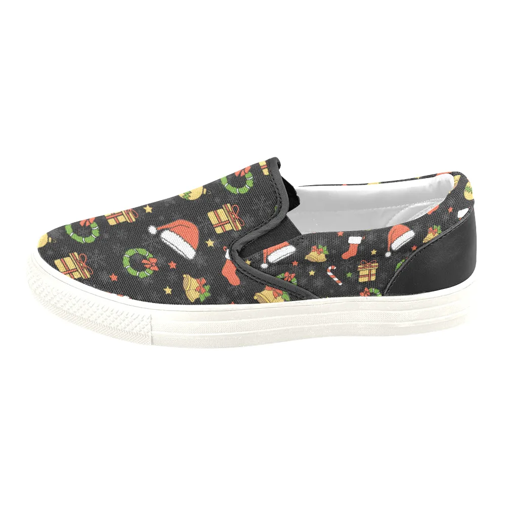 Men's Christmas Elements Print Big Size Canvas Slip On Shoes (White)