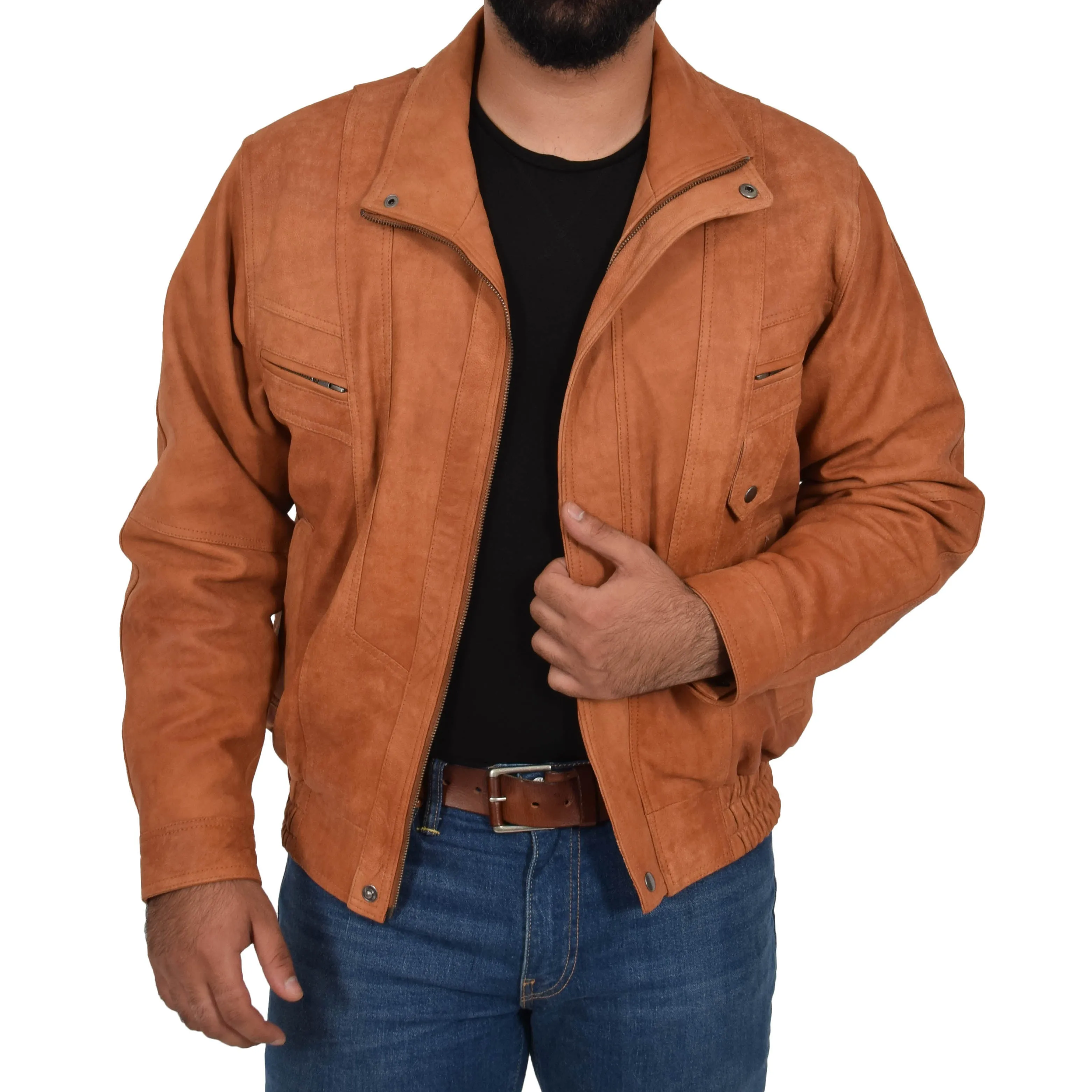 Mens Classic Bomber Nubuck Leather Jacket Alan Tan