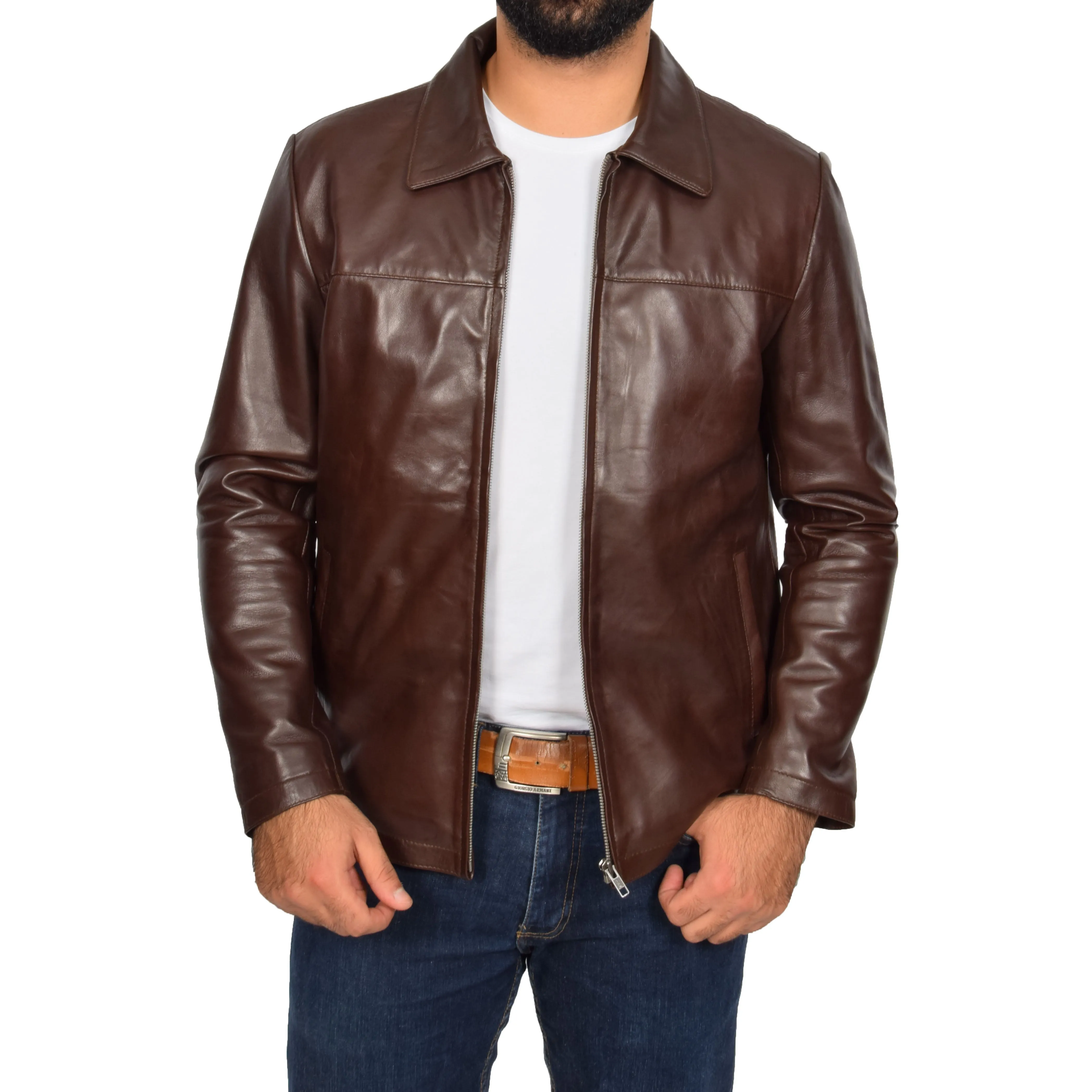 Mens Classic Zip Fasten Box Leather Jacket Tony Brown