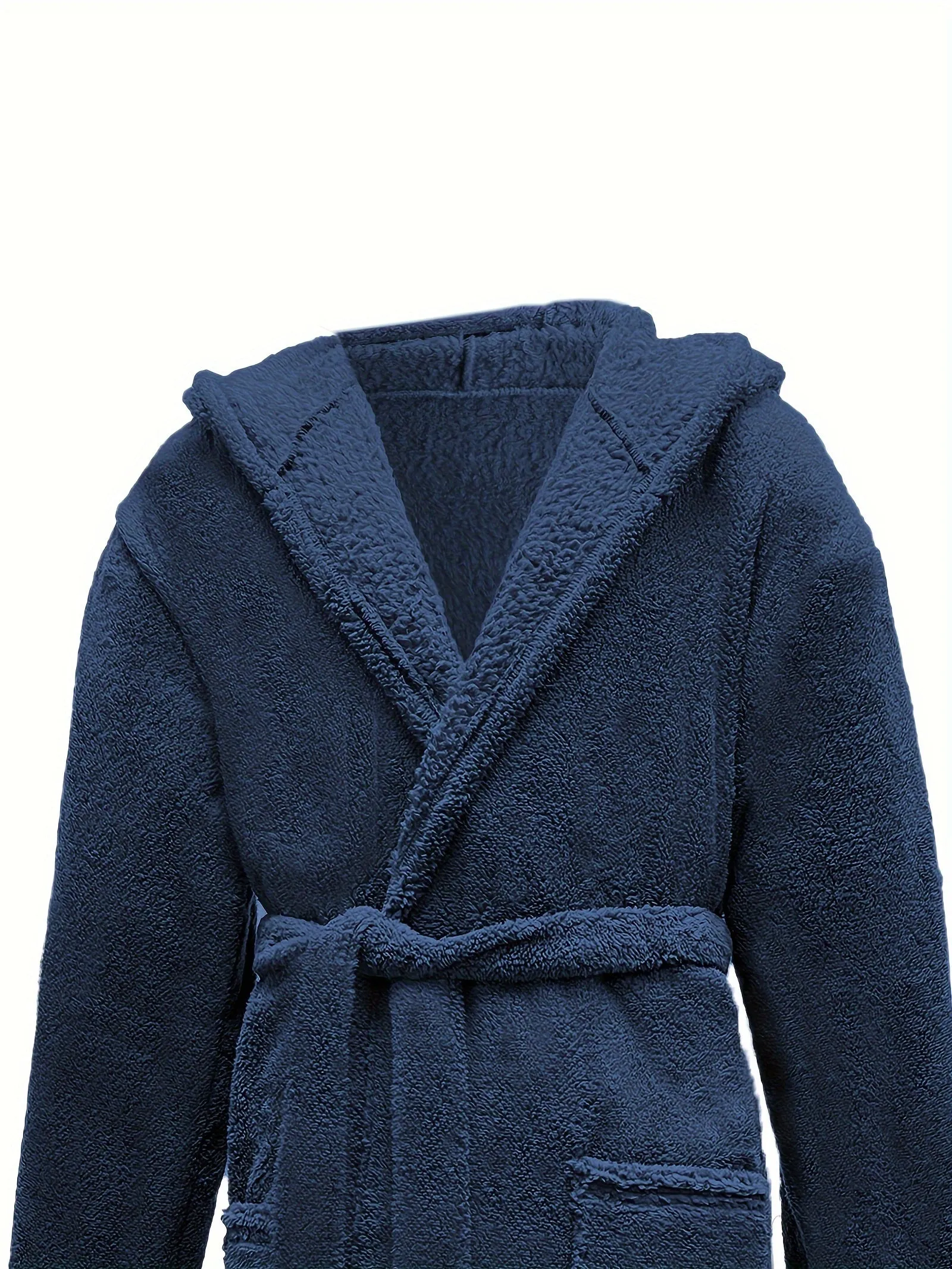 Men's Comfy Loose Solid Fleece Robe Home Pajamas Wear With Pocket One-piece Lace Up Kimono Night-robe Warm Sets After Bath