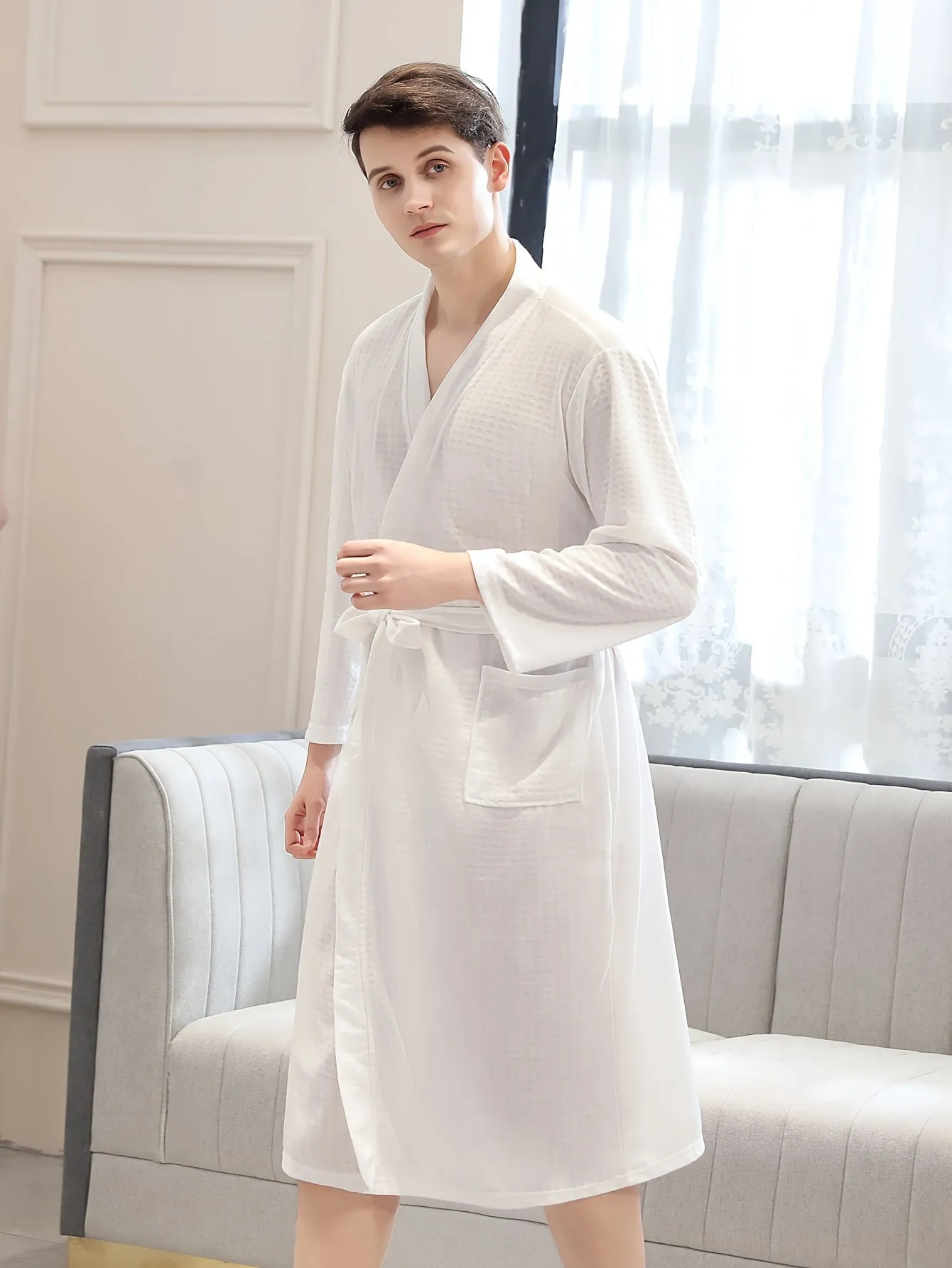 Men's Cozy Waffle-Knit V-Neck Robe with Pockets - Solid Color, Belted Kimono Style Sleepwear Set