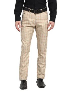 Men's Cream Cotton Checked Formal Trousers ( FGP 267Cream ) - Jainish