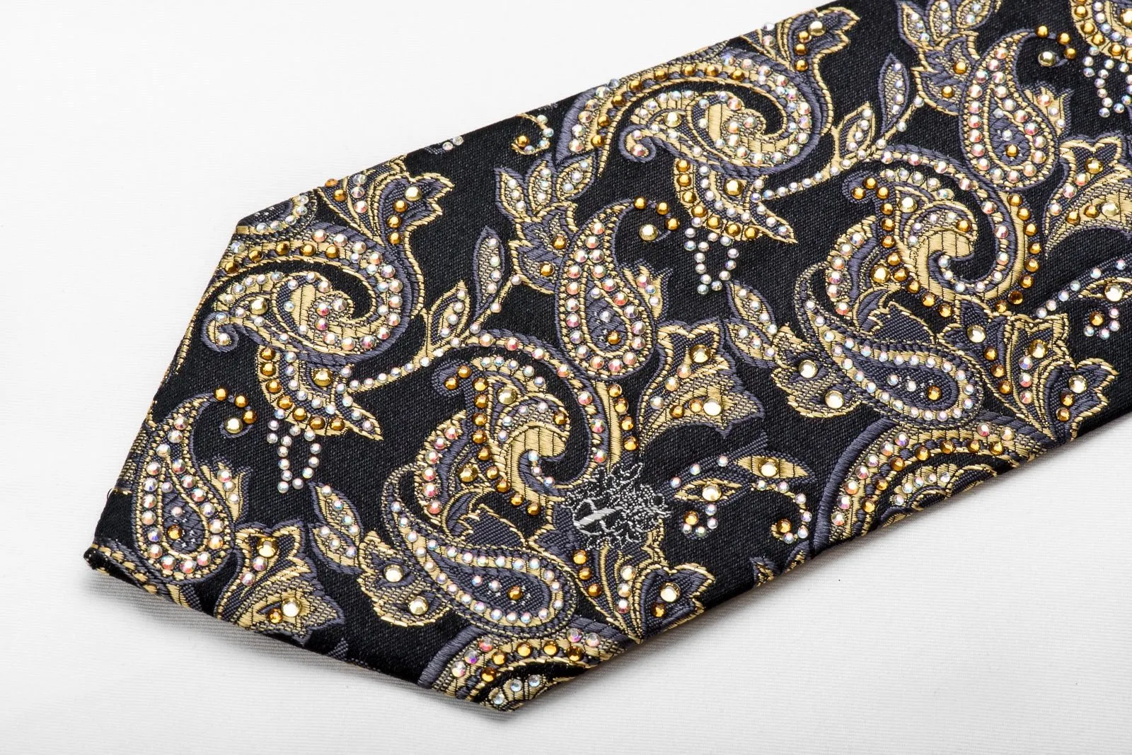 Men's Crystal Tie Gold Paisley Anthemion On Black With Gold Sparkles