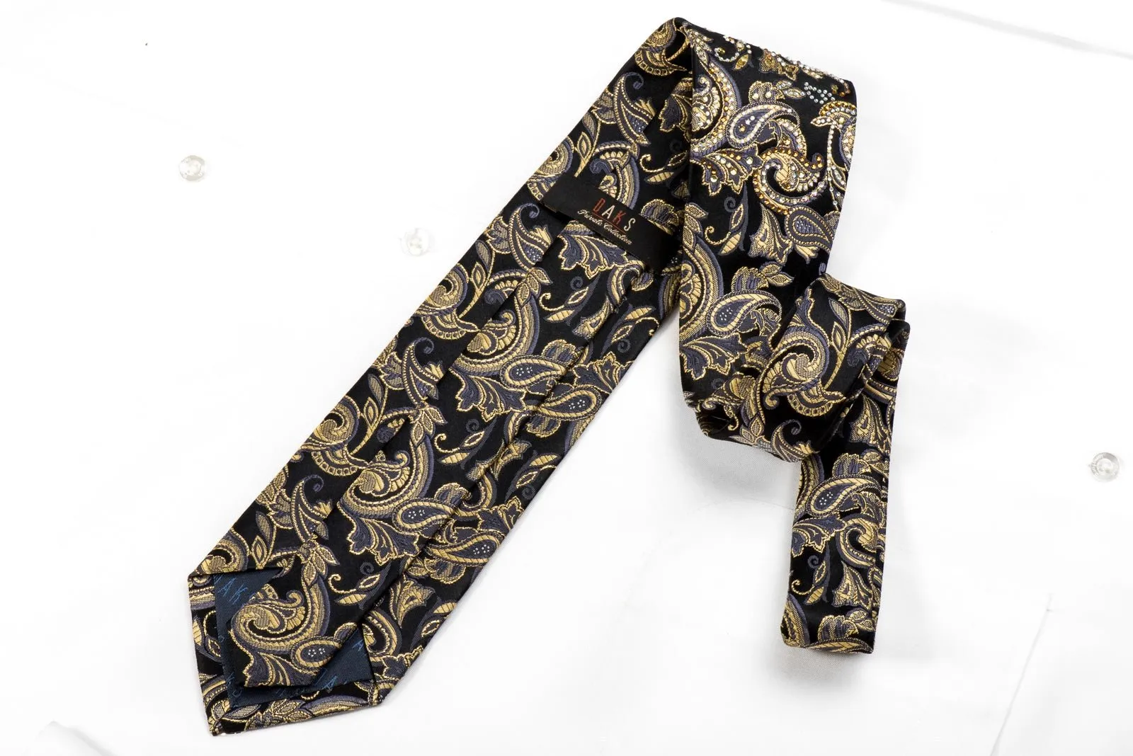 Men's Crystal Tie Gold Paisley Anthemion On Black With Gold Sparkles