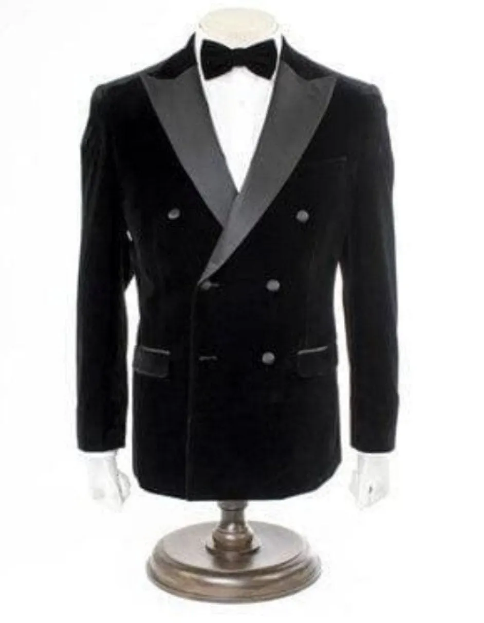 Mens Double Breasted Solid Pattern Velvet Blazer - Black Tuxedo