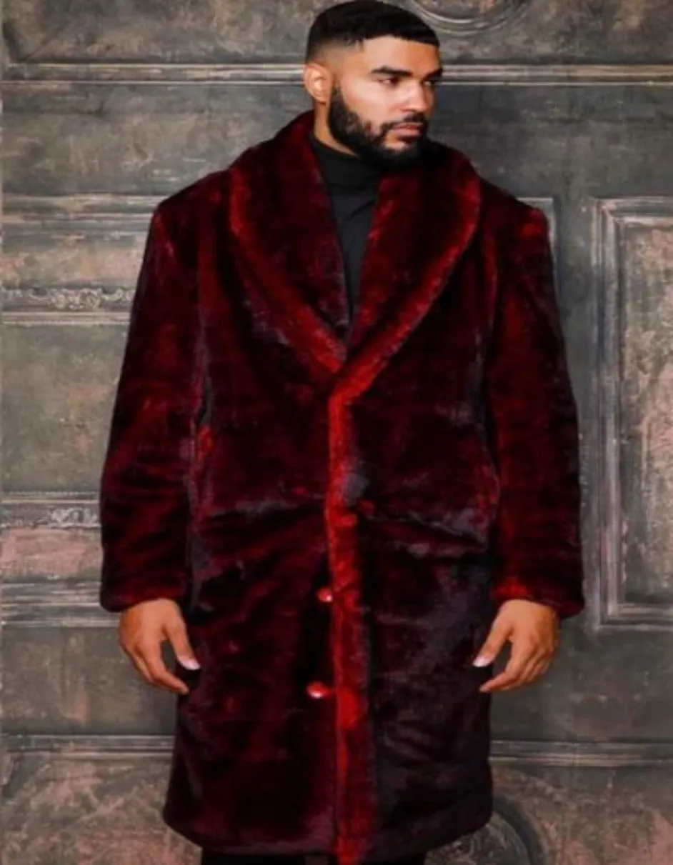 Mens Fashion Burgundy Black Faux Fur Overcoat