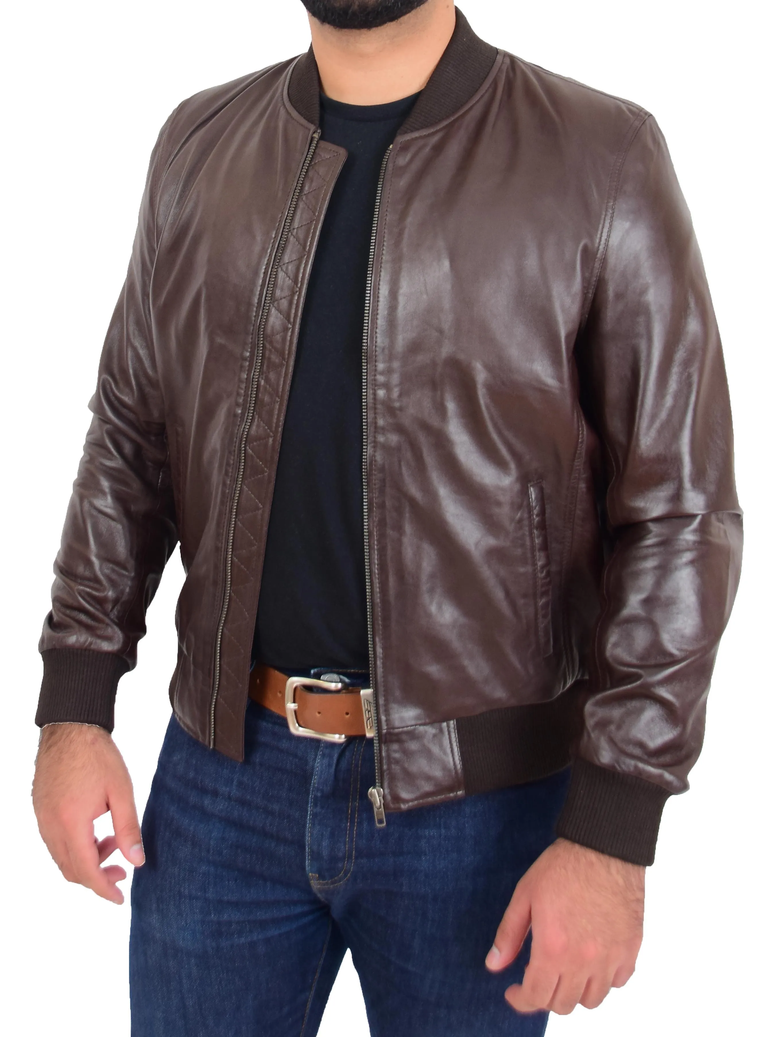 Mens Genuine Leather Bomber Jacket Jaxson Brown