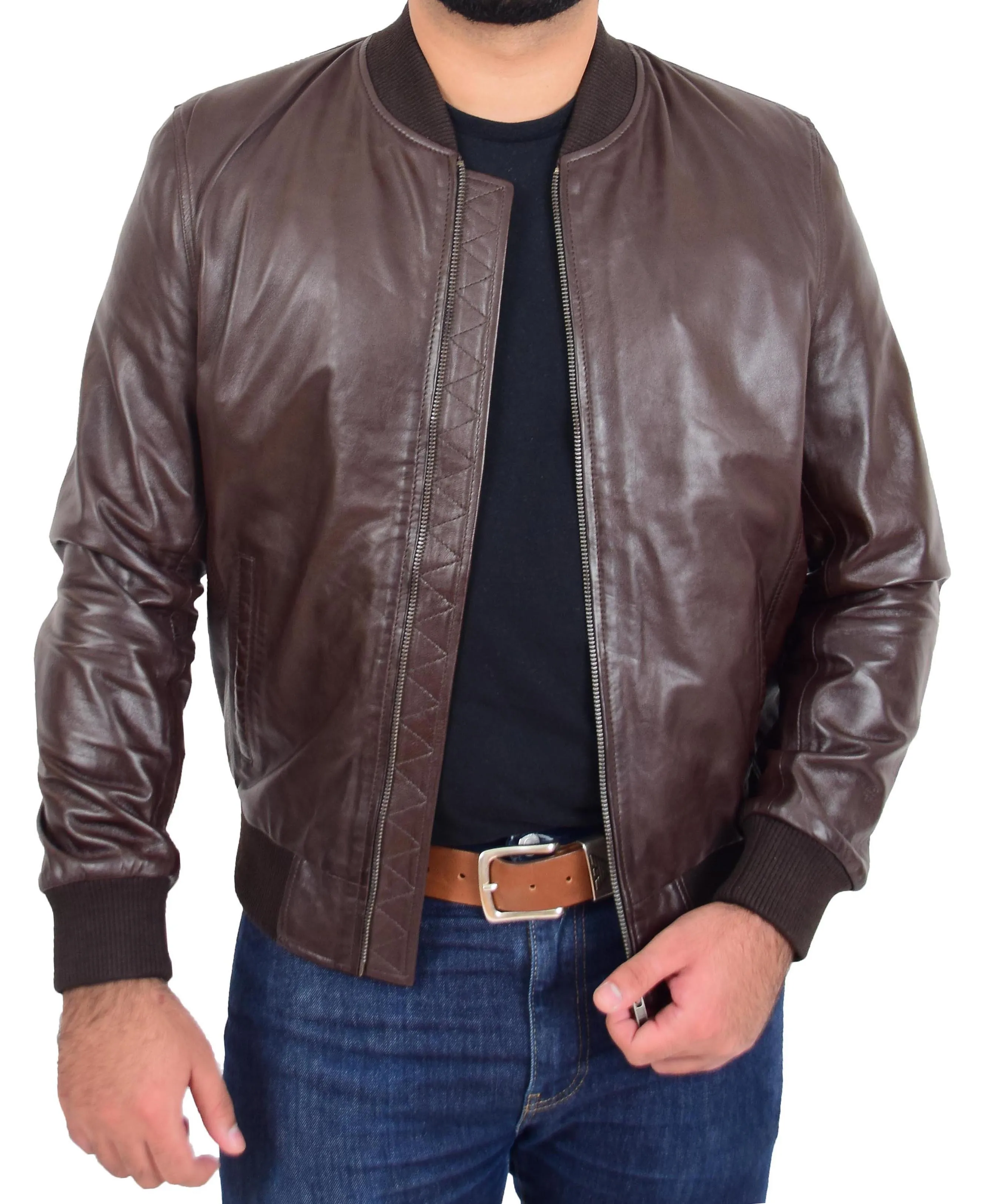 Mens Genuine Leather Bomber Jacket Jaxson Brown